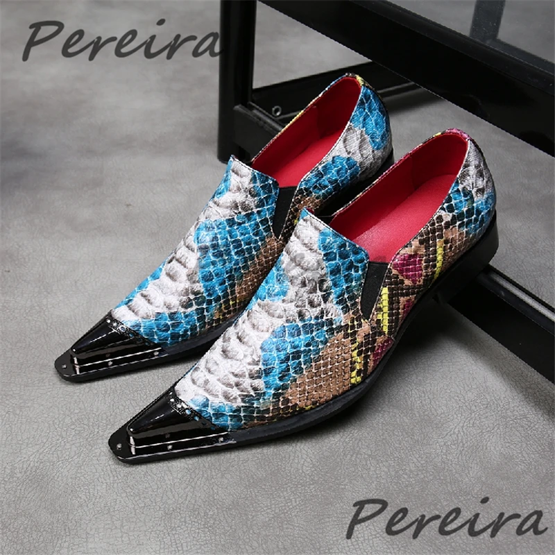 

Мужская обувь разных цветов в британском стиле со змеиным узором, деловые модельные туфли из натуральной кожи, модные лоферы без шнуровки с металлическим острым носком