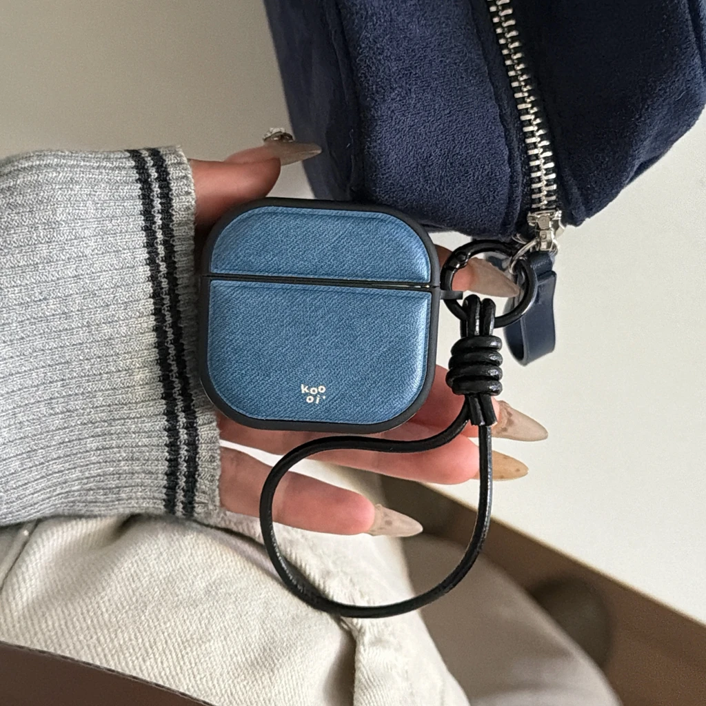 Künstliches Leder mit blauem Denim-Muster und Lanyard, magnetische Kopfhörer-Schutzhülle für AirPods 1 2 3 4 5 Pro 2 Pro 3