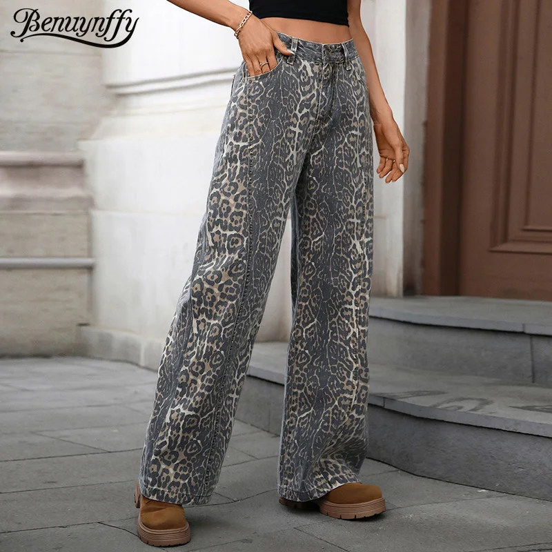 

Benuynffy High Street Leopard Print Wide-leg Jeans Women's Y2K American Retro High Waist Loose Casual Straight Denim Trousers