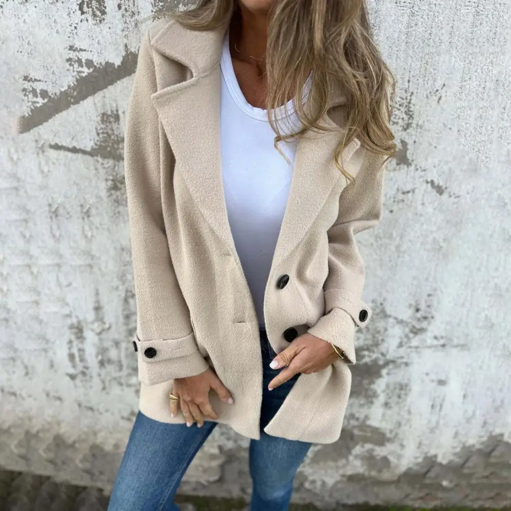 Women Essential Coat Stylish Mid-length Women's Jacket with Turn-down Collar Fake Pockets for Fall Winter for Commuting Daily