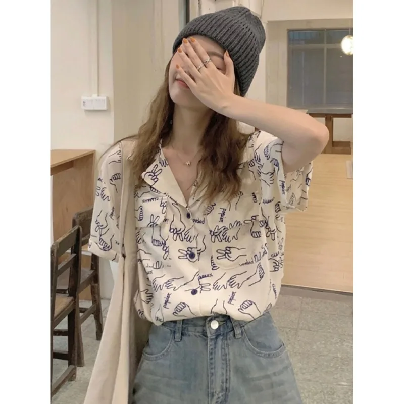 

Korean Fashion Short Sleeved Shirt 2024 Women's Summer Design Sense Retro Hong Kong Flavor Loose Printed Shirts Female Clothing