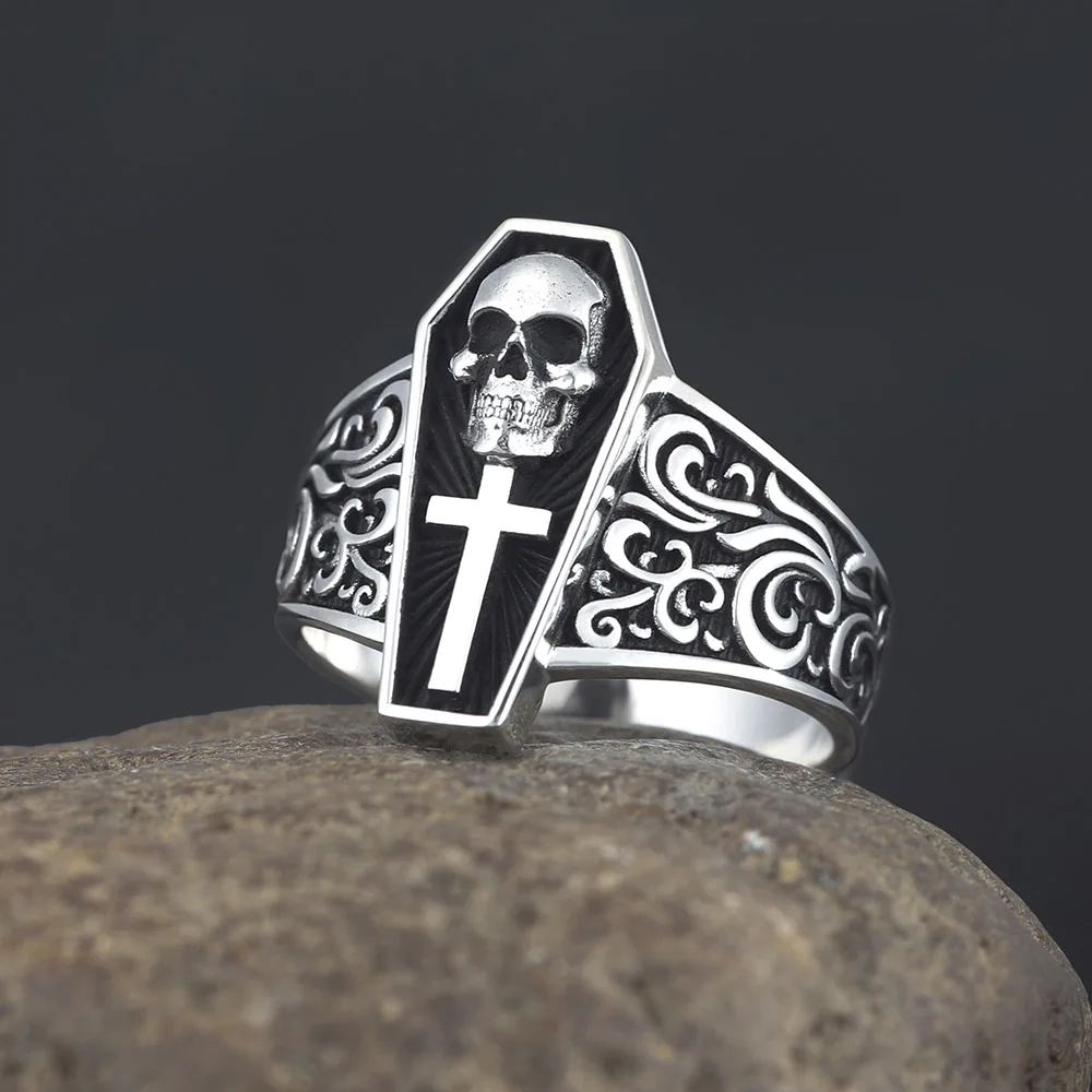 Memorial Of Die Cross Death Skull Gravestone Souvenir Silver Ring