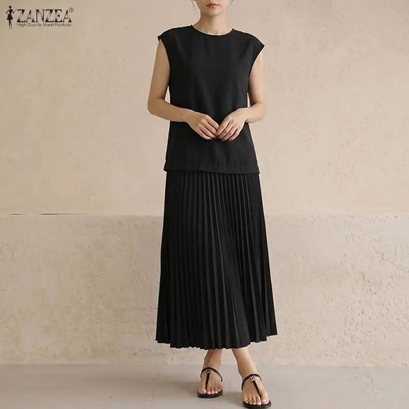 Stylish A Line Pleated Dresses ZANZEA Women Summer Sundress Casual O Neck Sleeveless Dress Solid Color Maxi Robe Fake 2 Pieces
