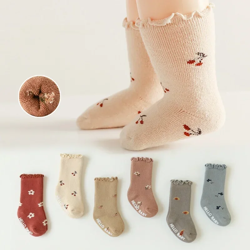 Autumn Warm Baby Sock Cartoon Sweet Floral Cherry Calf Sock for Toddler Winter Thicken Fleece Warm Indoor Non-slip Floor Sock