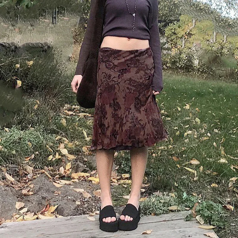 Fairy Grunge Aesthetics Brown Mesh Midi Skirts Y2K Streetwear Low Waist Printing A-Line Skirt Elfcore Outfits Retro Fall