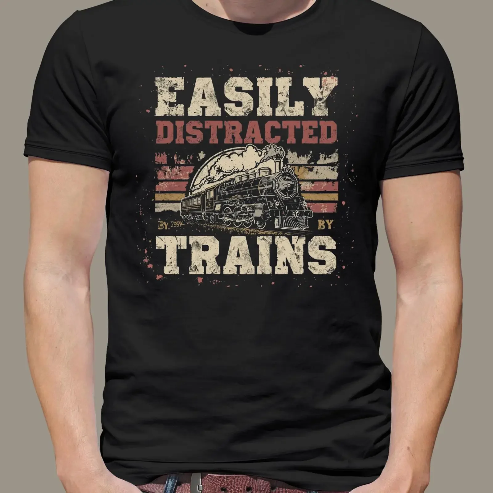 Easily Distracted By Trains T Shirt Retro Vintage Steam Locomotive Train Lover Railroad Worker For Men vintage Washed fashion
