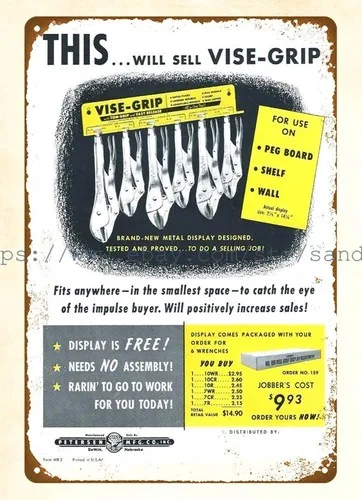 1959 Petersen MFG Vise-Grip tools mechanic automotive metal tin sign wall poster