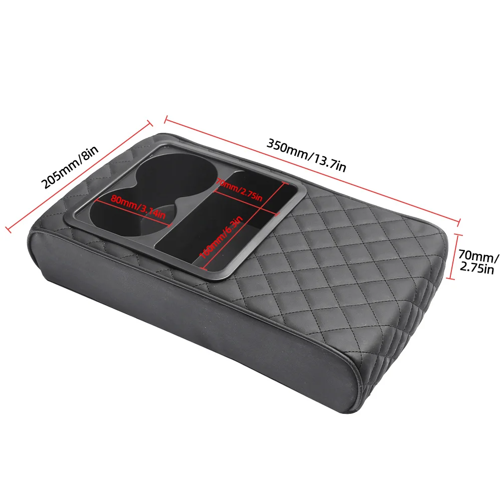 PU leather armrest pad. 2 cup holders. Comfy auto supply for better driving experience.