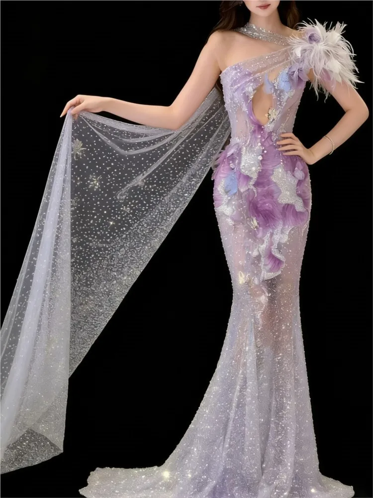 Gradient Purple Host Beaded Toast Party Halter Model Catwalk Dress