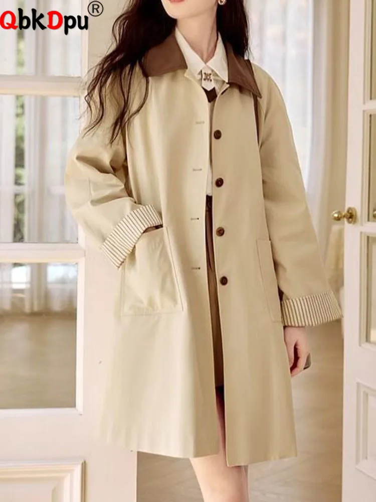 

Тренчи цвета хаки с лацканами, корейская мода, однобортные свободные габардина, верхняя одежда, женские повседневные куртки с длинными рукавами, Blusas