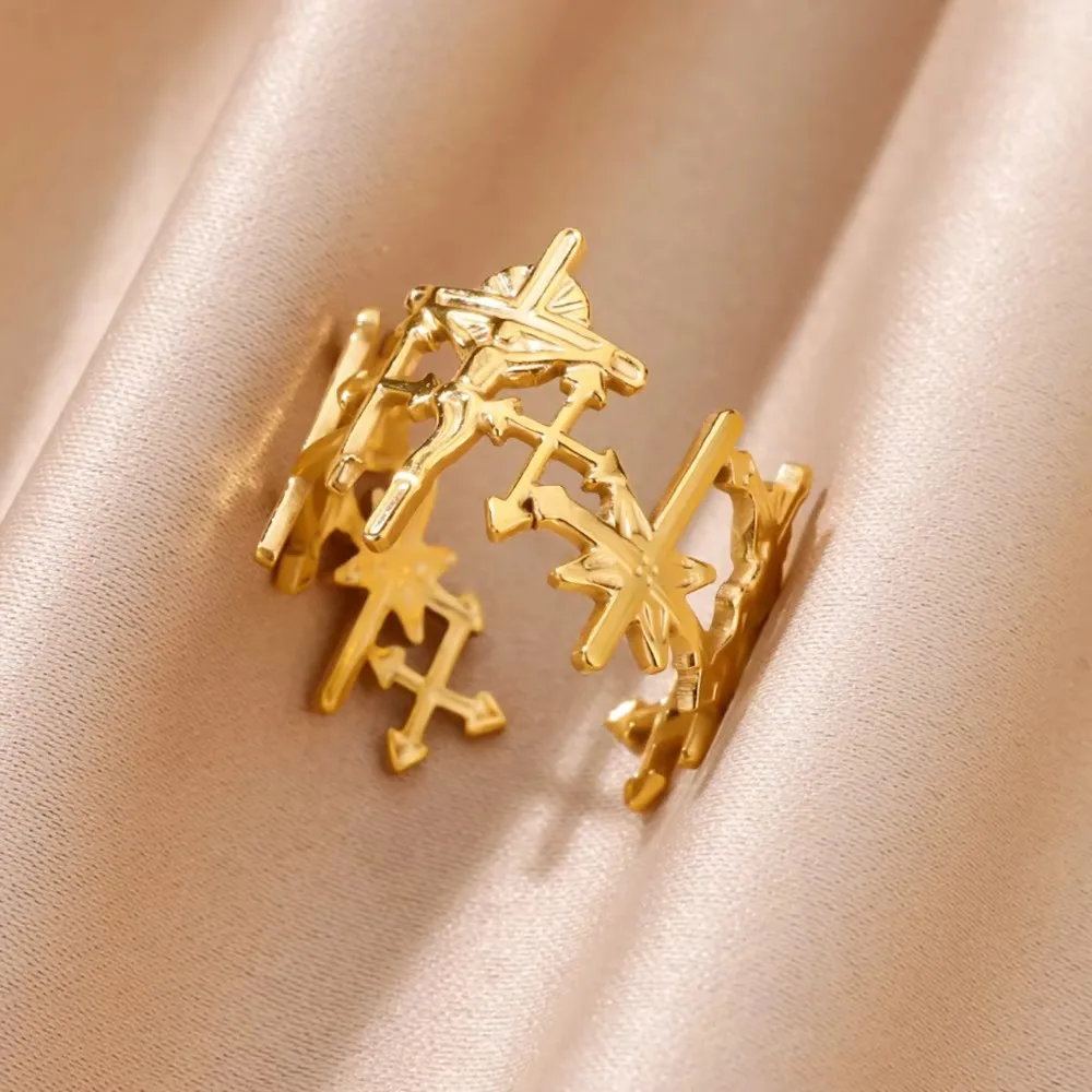 الفولاذ المقاوم للصدأ الصليب خواتم للنساء خمر الذهب اللون افتتاح الصليب البنصر مجوهرات الزفاف هدية anillos mujer