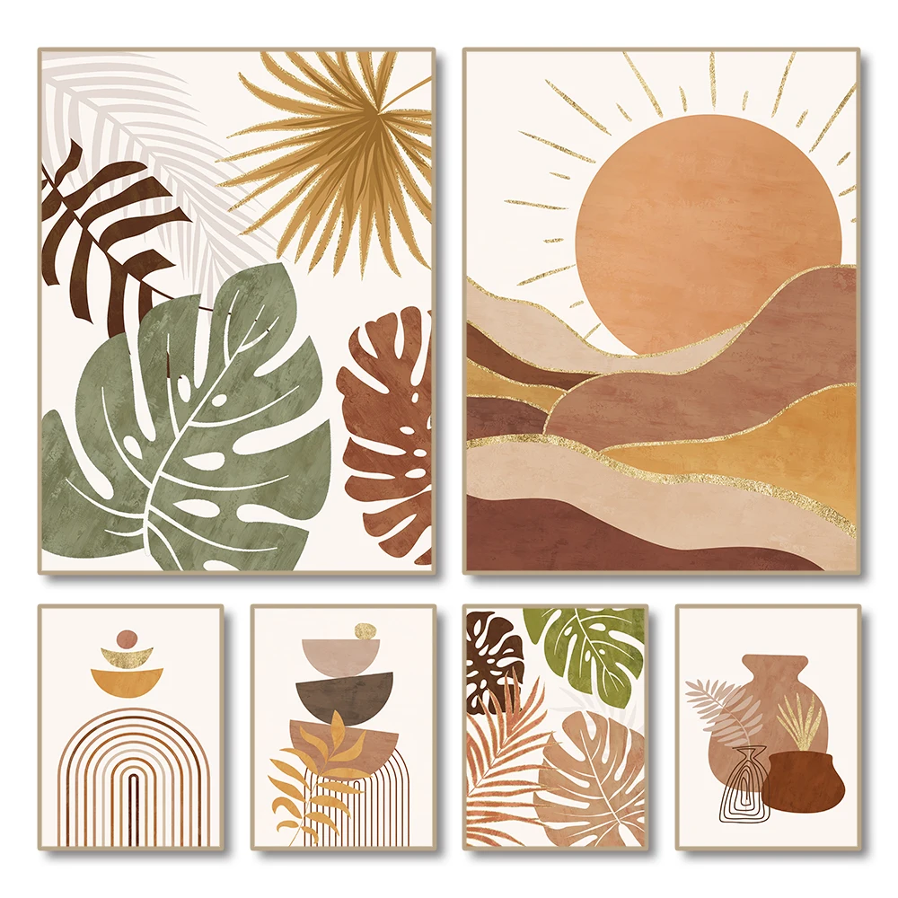 Boho Abstract Aesthetic Canvas Painting Geometric Lines Wall Art Leaves Desert Bottles Posters Prints Home ation Mural