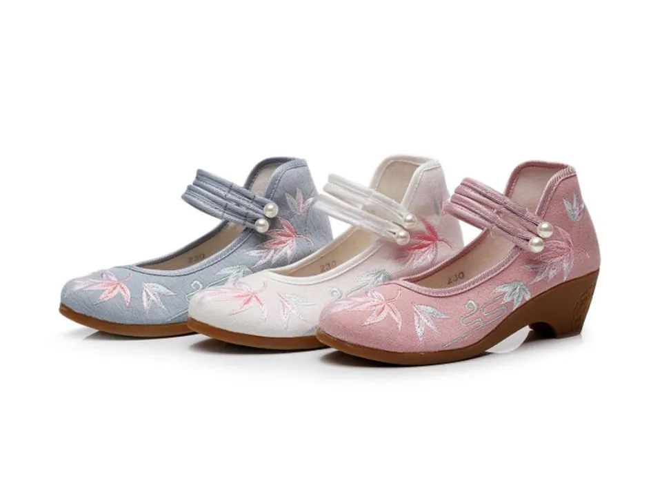 Women Ankle Button Strap Pumps Ethnic Embroidery Mary Jane Dress Shoes Mid Heel Cotton Fabric Espadrilles Vintage Sandals