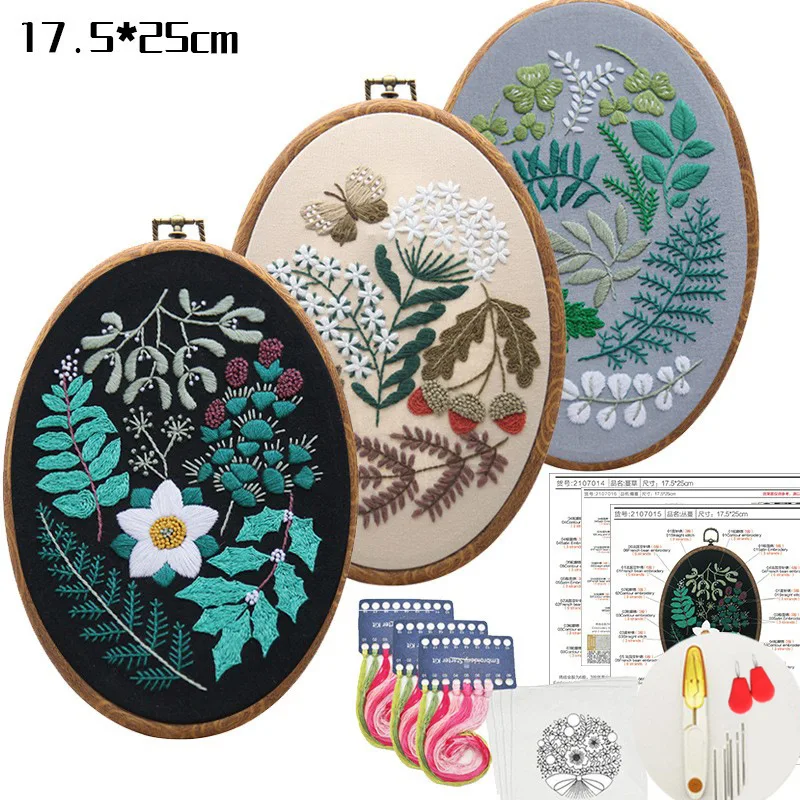 DIY Embroidery Beginner Kit with Oval Hoop Flower Printed Pattern Cross Stitch Needlework Handmade Sewing Craft Dropshipping