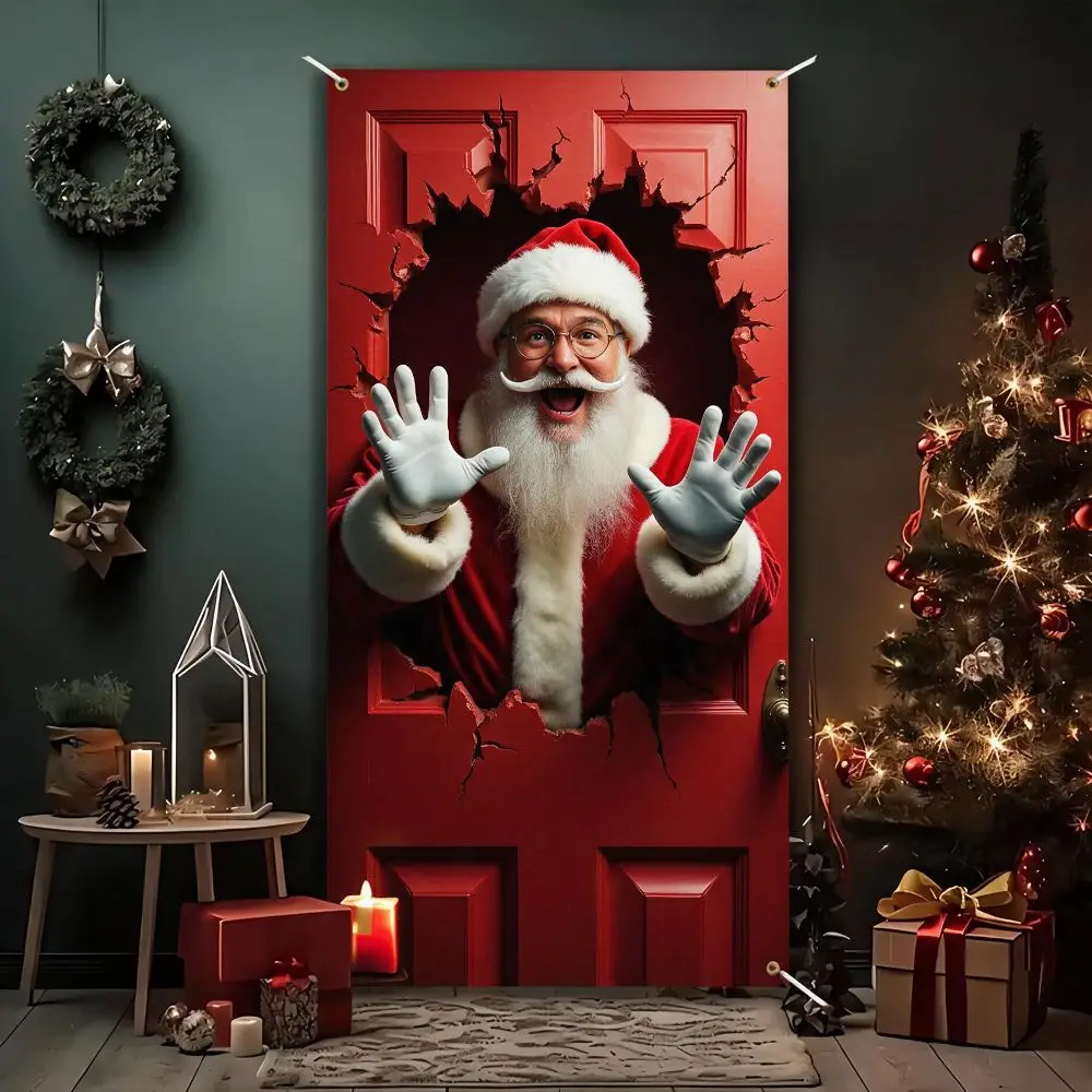 Santa Claus Pattern Christmas 2D Door Banner Rectangular Hanging Christmas Door Cover Perforated Strap Fastening Polyester