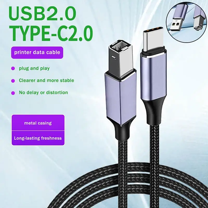 C1Pc Type-C/USB To USB B 2.0 Printer Cable Braided High Speed Data Transfer Cord For Laptop Scanner