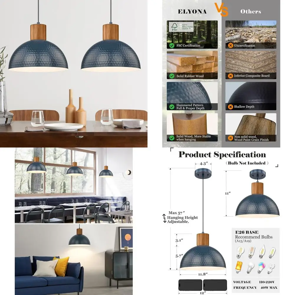 

12 подвесных светильников из массива дерева, среднего размера, для кухонного острова, столовой, 2 штуки, синие