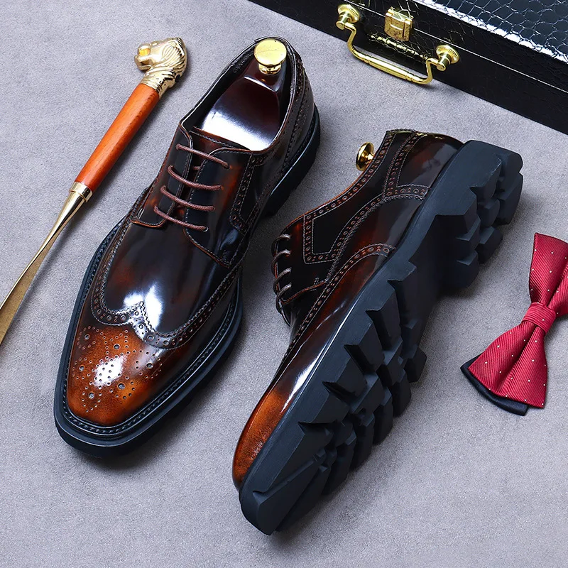 Size 38 To 46 Classic Italian Genuine Leather Men\'s Dress Shoes Black Lace-up Wingtip Oxfords Business Wedding Brogue Suit Shoes