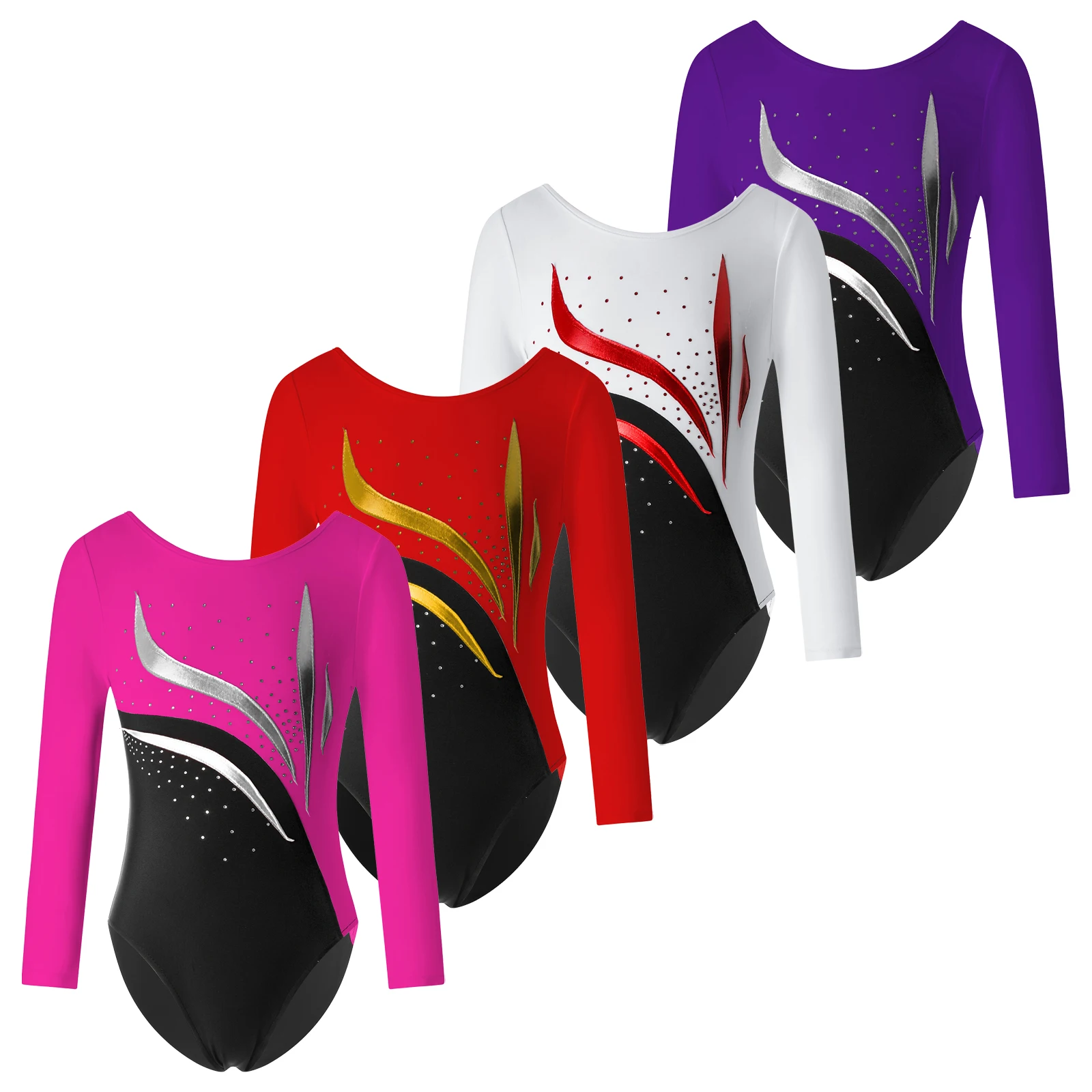 Kids Girls Gymnastics Leotard Long Sleeves Gymnastics Workout Bodysuit Ballet Dance Leotard Figure Skating Performance Jumpsuit