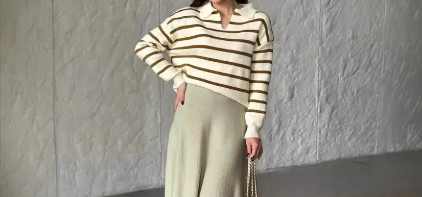 

2025 осенне-зимний полосатый женский вязаный свитер, свободный свитер с длинными рукавами, темпераментный пуловер с лацканами