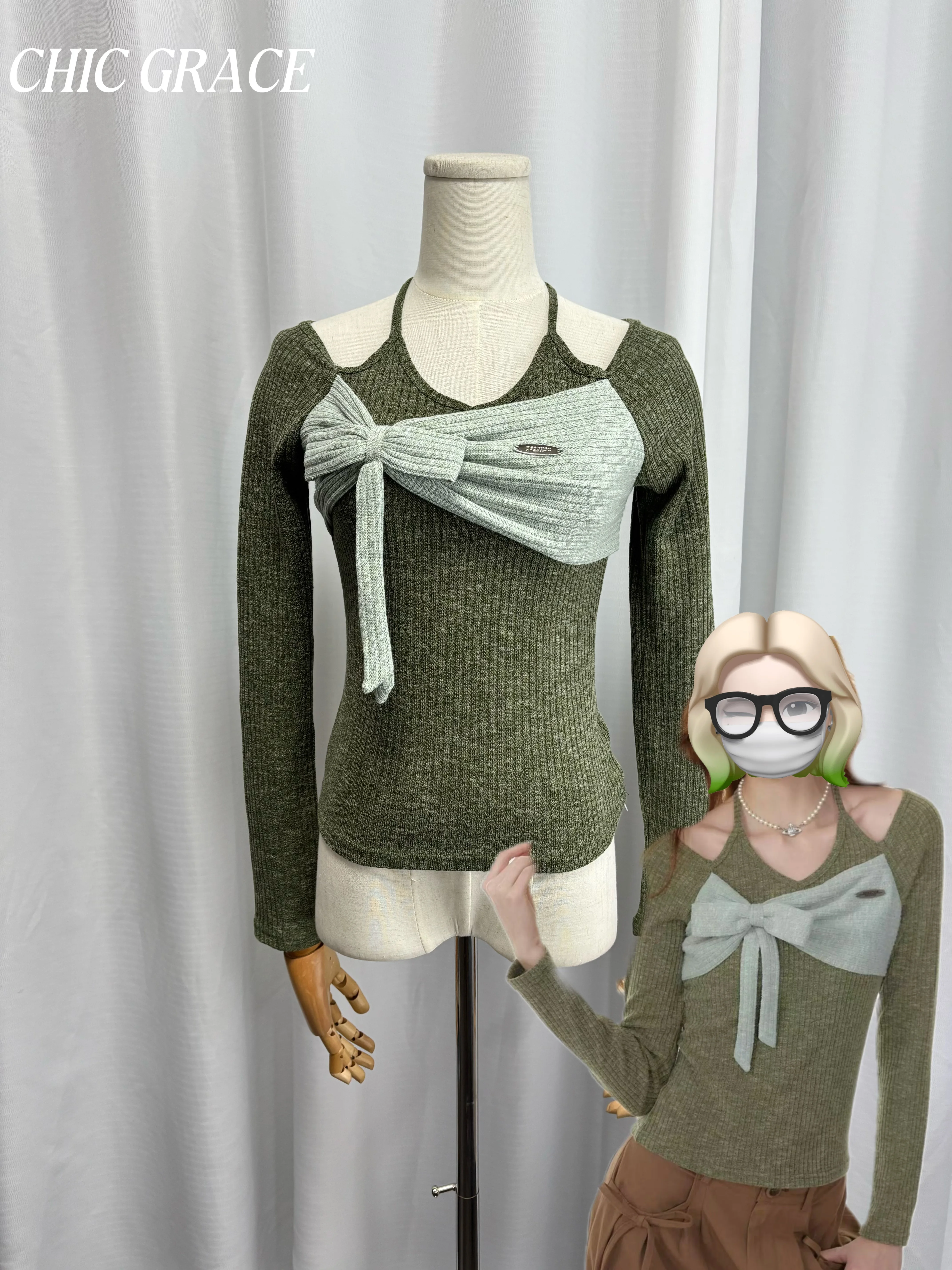 

Real shot 2025 Autumn Winter American Design Color Block Bowknot Halter Neck Long Sleeve Knitted Top Women's Sweet Spicy Style B