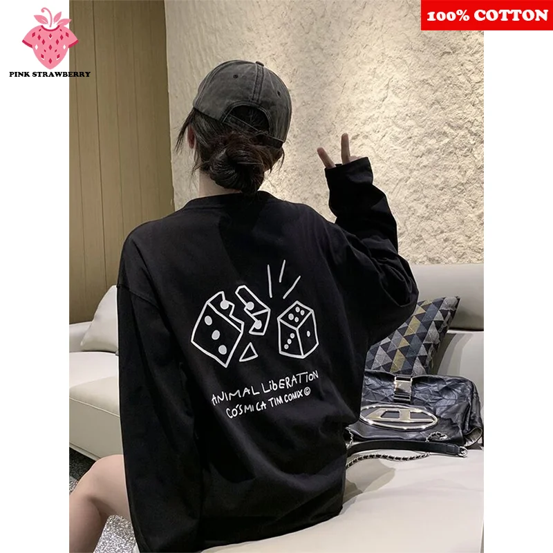 

Love Heart dice Print Black T-shirt Women Autumn New American Street Long sleeve Loose Tee Bottom shirt Y2k Top Female clothing