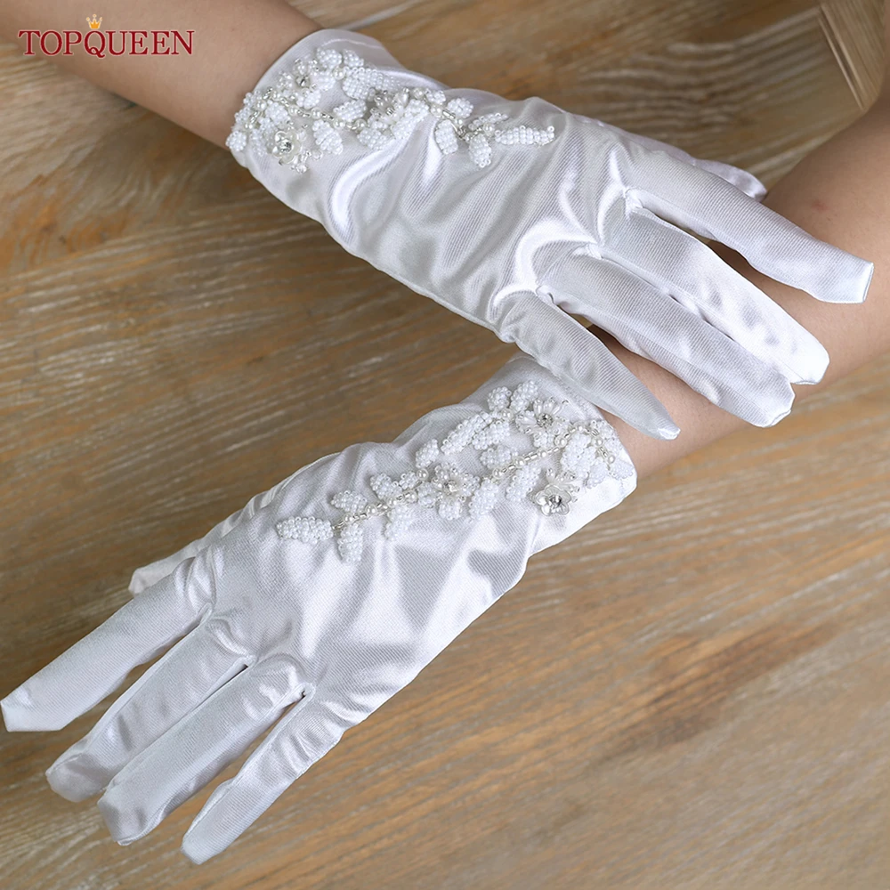 

TOPQUEEN New Promotional Wrist Long Finger Gloves Satin White Sequin Bridal Gloves With Detachable Gloves For Weddings VM38