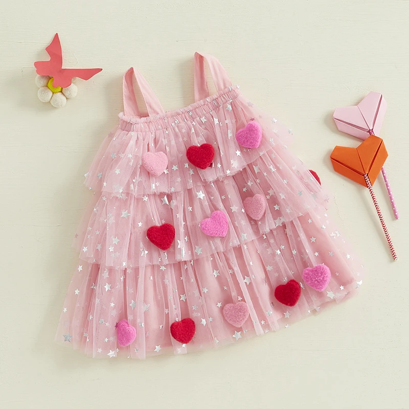 Tregren 1-9Y Toddler Kid Girl Tulle Princess Dress Summer Sleeveless Square Neck Bow Front Heart Mesh Cake Dress for Party Daily