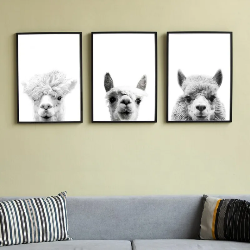 Black and White Alpaca Llama Farm Animals Poster Canvas Painting Minimalist Wall Art Print Picture for Living Room Home Decor