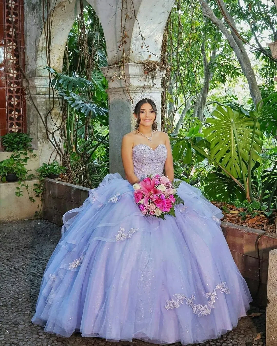 หรูหราลาเวนเดอร์ Ball ชุด Quinceanera เดรสดอกไม้ Appliques ลูกไม้ Tull ปิดไหล่หวาน 16 ชุด Vestidos 15 Anos