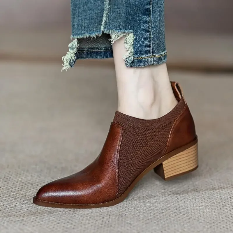 2023 Autumn New Soft Work Shoes,Women Mid Heels,Stretch,Pointed Toe,Slip On,Brown,Khaki,British Style,35-40,Dropship