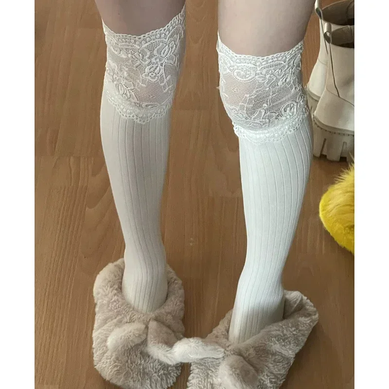 Women Korean Solid Color Sexy Lace Stockings Lolita Girls Thigh High Over The Knee Stockings Lolita Ladies Girls Warm Boot Socks