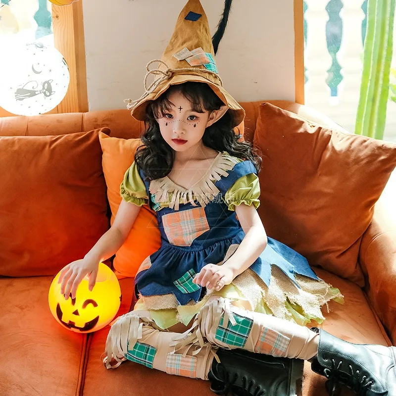 Halloween Costumes Children Pumpkin Cosplay Magic Scarecrow Pastoral Dressing Anime Girl Disfraz Multi Piece Set