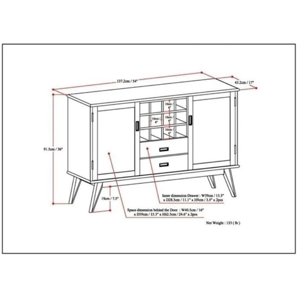 Solid rubber wood 54 inch modern side panel wine rack, 2 drawers and 2 storage racks with 12 bottles of wine