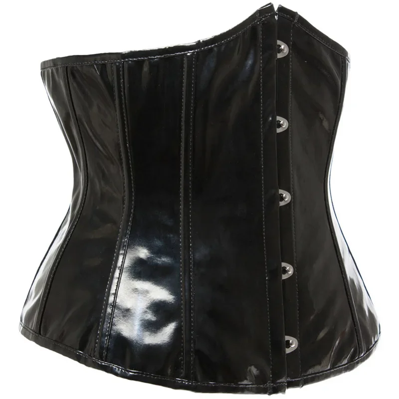 Black PVC Vinyl Corset Top Women Leather Underbust Bustiers Lace Up Plastic Boned Body Shaper Short Torso Sexy Corselet