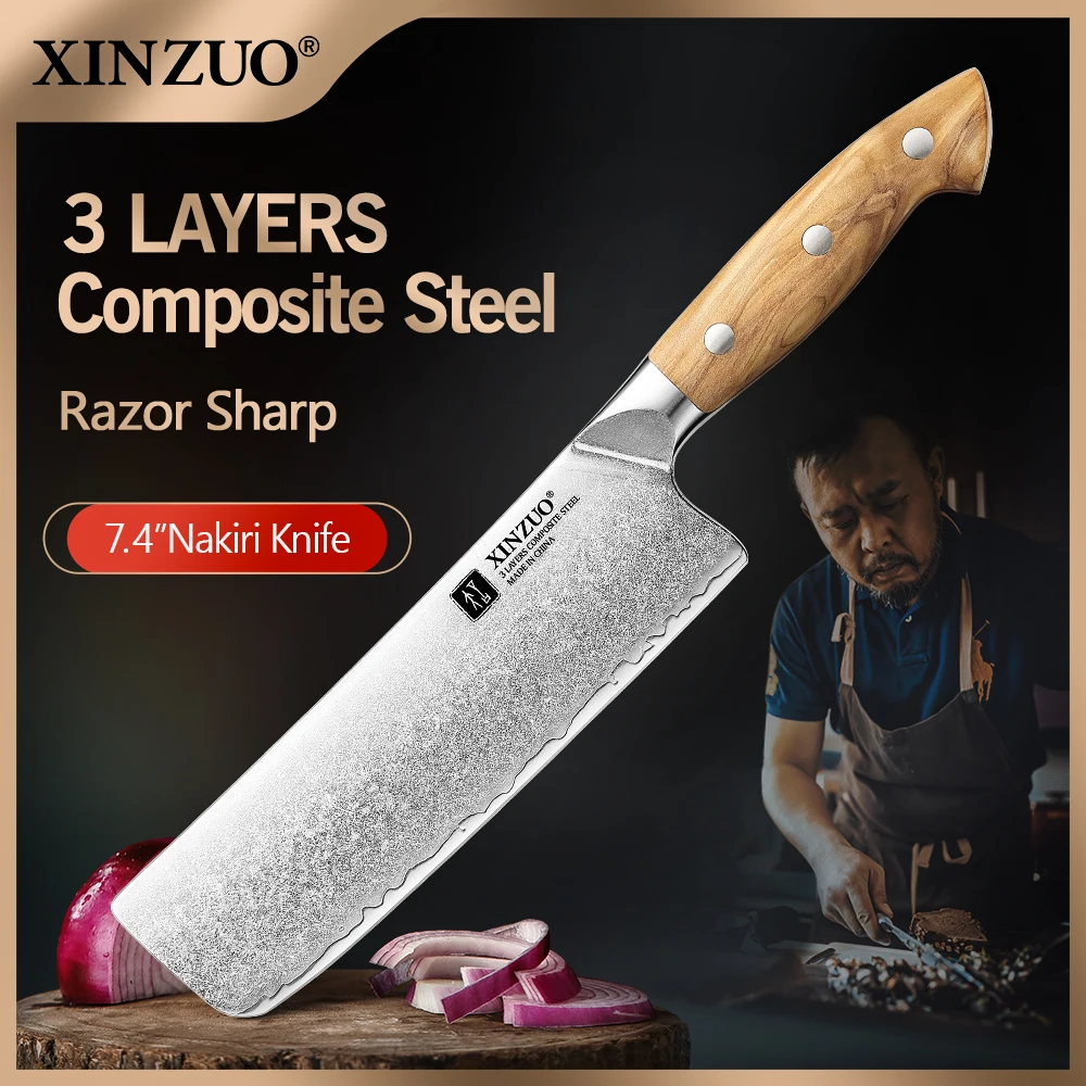 XINZUO-cuchillo Nakiri compuesto de 7,4 pulgadas, acero compuesto 10Cr15CoMoV, afilado, duradero, fuerza de corte 6.0-8.0N, exquisita caja de regalo