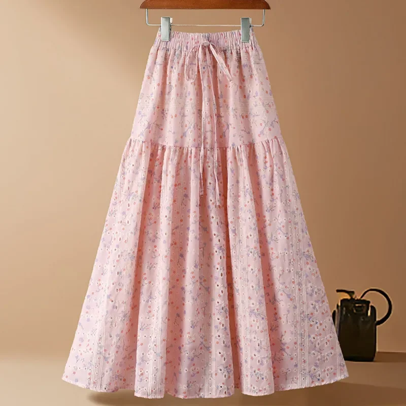 Lente Zomer Prairie Chic Borduren Bloemen Katoenen Rok Vrouwen Nieuwe Mooie Hoge Taille A-lijn Midi Lange Rokken