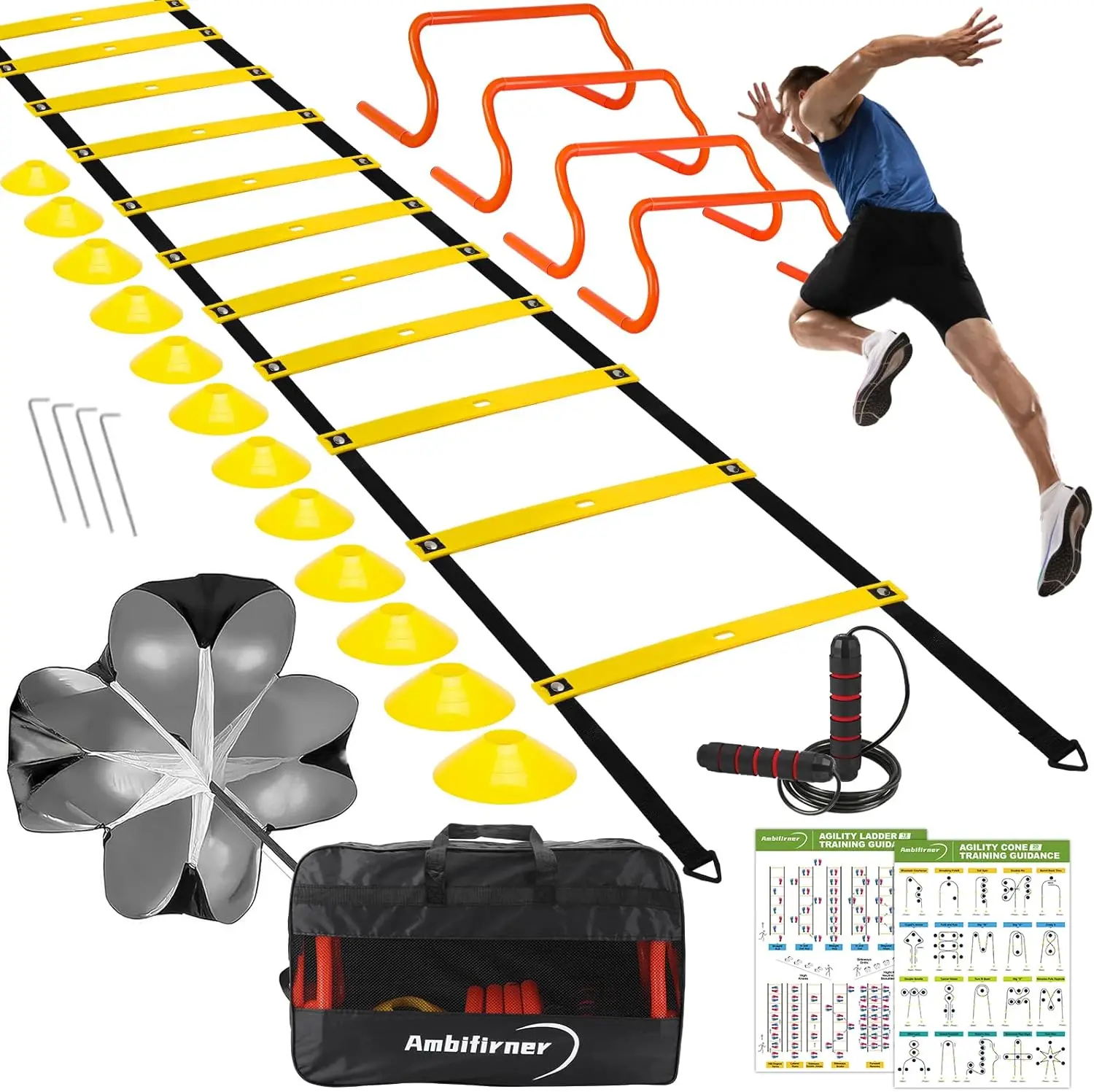 

Agility Training Set: 20ft Ladder, 4 Hurdles, 12 Cones, Jump Rope, Parachute & Carry Bag for Speed and Coordination