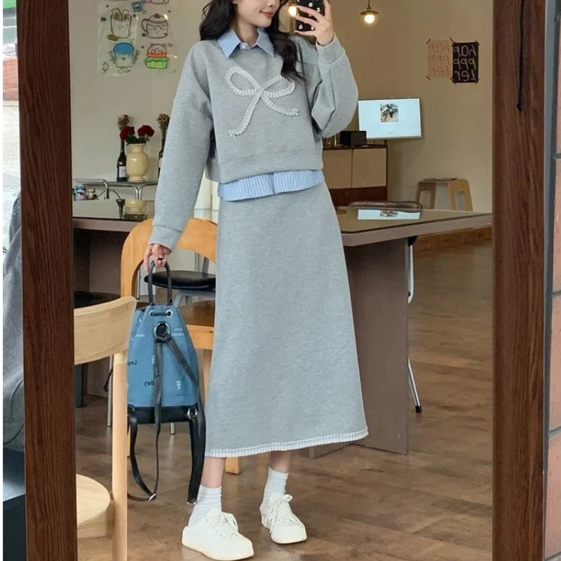 

Женский свитер, осень 2023, новые топы с длинными рукавами, однотонные повседневные универсальные свитера, юбка-миди трапециевидной формы, женская одежда