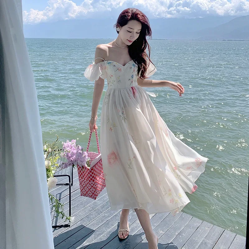 

Off The Shoulder Sexy Strap Dress Summer Strapless Corset Maxi Sundress Ladies Backless Bow Sweet Print Long Dress 2025 New