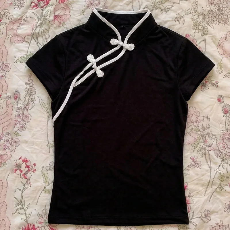 Chinese Style Buckle Niche Aestheticism Design Y2k Aesthetics T-shirt Fashionable Slim Cheongsam Collar Short Sleeved Tops Women