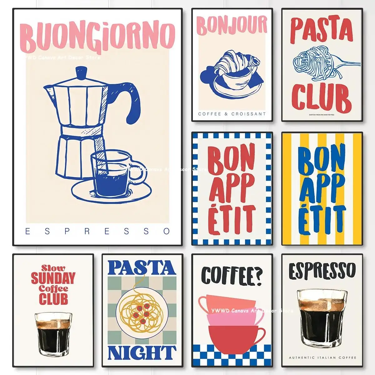 Bon Appetit Typography Kitchen Canvas Print Moka Pot Espresso Art Poster for Modern Living Room Dining Room Home Decor Gift