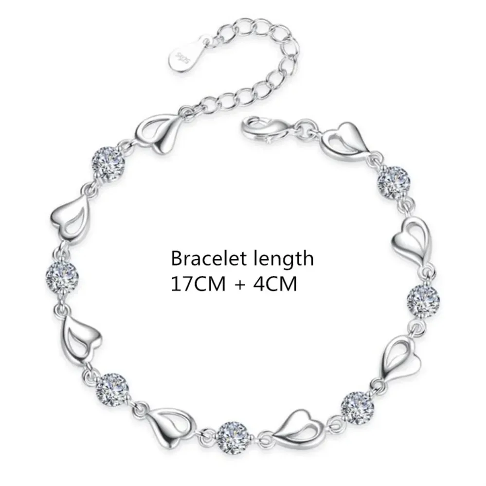 CUTE 925 Sterling Silver White Purple Shaped Cubic Zirconia Bracelets for Women Jewelry Wedding  Length 17CM+4CM