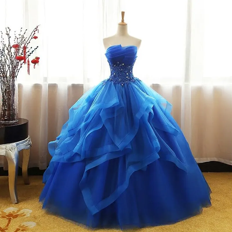 Ruthshen-Robes de Quinceanera à volants de luxe, quelles que soient les appliques de perles bleues, robes Sweet 16 pour la fête de Rhmasquée, les débutants, 2023