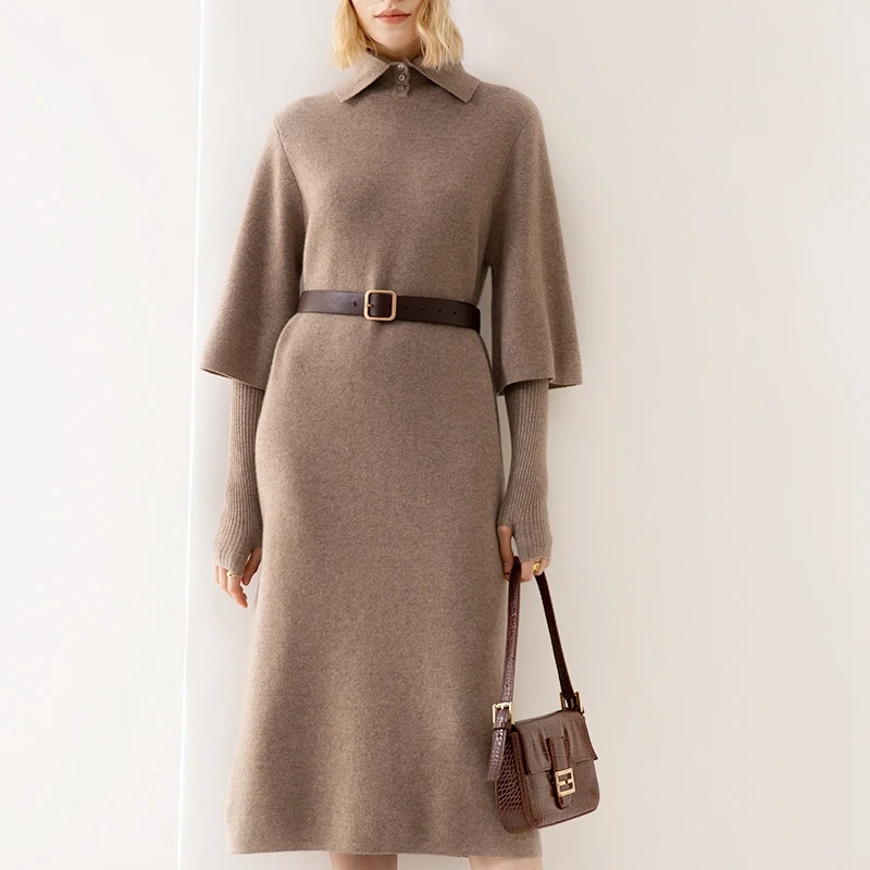 Women's high-end brand cashmere dress, thick five-sleeve lapel long dress for autumn and winter, polo collar mid-sleeve dress
