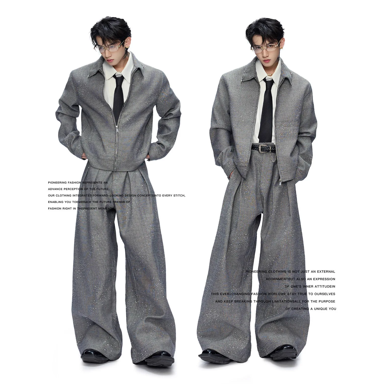 

Осенний комплект: роскошный укороченный жакет с блестящими стразами и брюки с широкими штанинами, украшенные пайетками