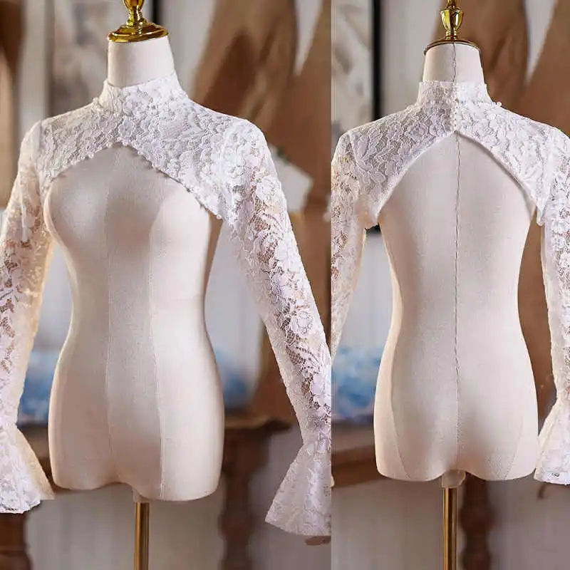 Customized High-Collar Lace Wedding Bridal Bolero Full Flared Sleeves Bridal Top Jacket Women Dresses Accessories