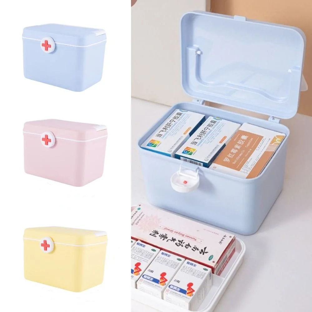 Double Layer Medicine Storage Box Large Capacity Portable Medicine Case Buckle Design with Handle Emergency Box