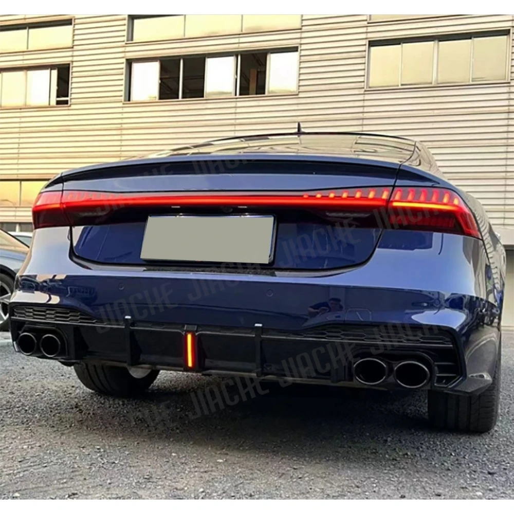 For Audi A7 Sline S7 C8 2019-2023 ABS Rear Bumper Diffuser Lip LED Light Spoiler With Exhaust Tips Gloss Black