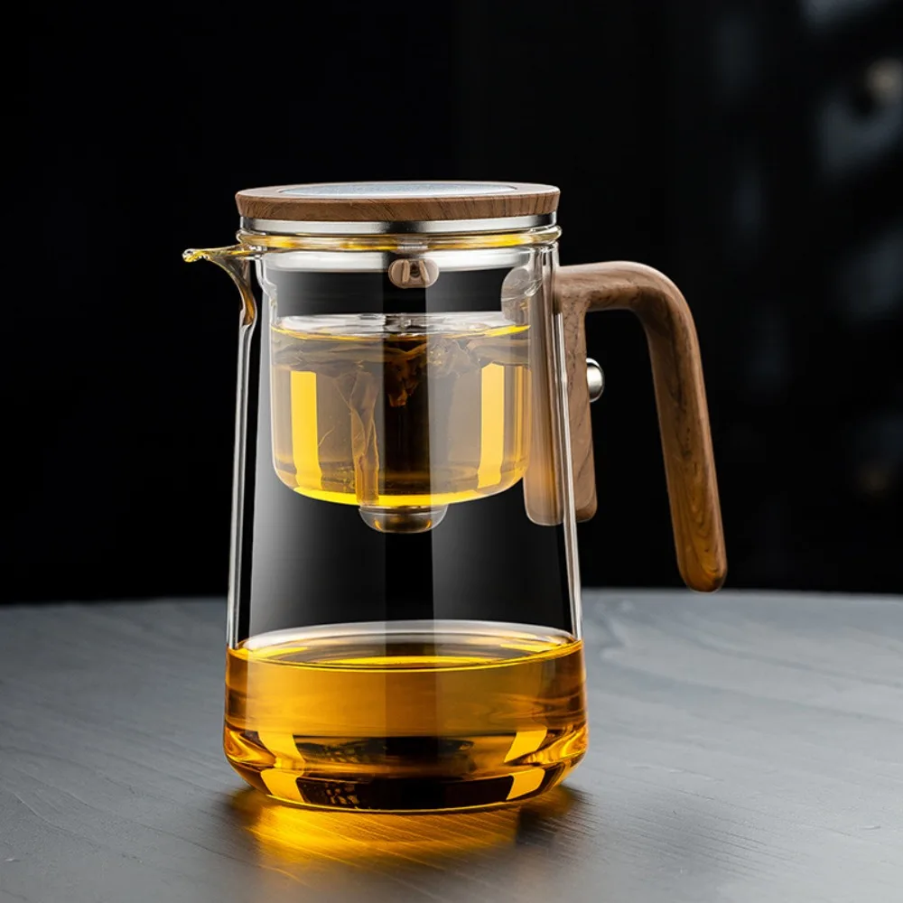 One Click Magnetic Switch Water Separation Inner Container Teapot Clear Glass Filter Tea Cup 600/800 ML Wood Handle